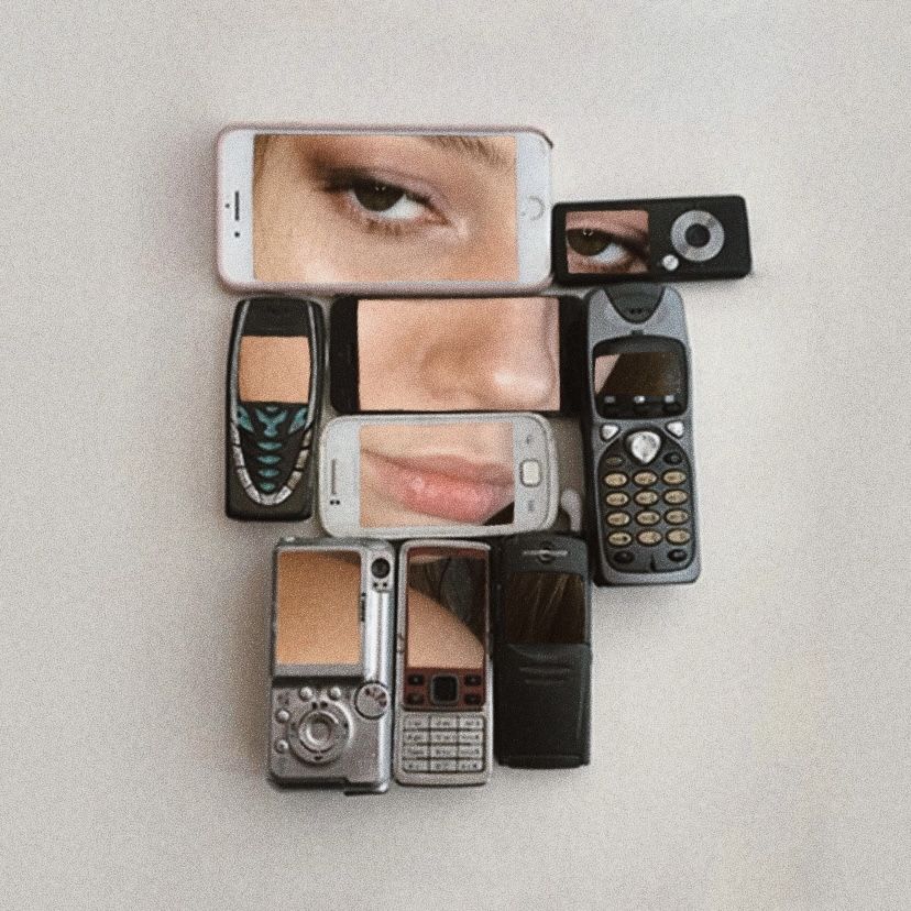 a face pieced together across old phone screens